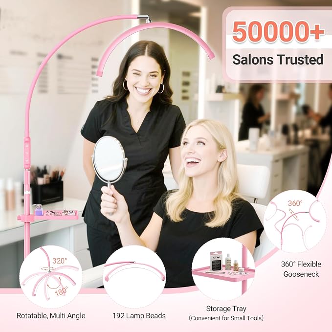 LIONVISON Half Moon Lash Light: 6500K LED Lamp Ring Light with Tray - 360° Flexible Gooseneck Durable Metal Stand - Salon Use for Lash Artists Eyelash Extensions (18In Pink)