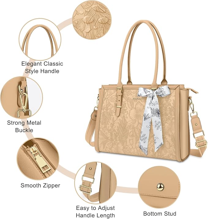 MOSISO Laptop Bag for Women, 17-17.3 inch PU Leather Tote Bag Compatible with MacBook, HP, Dell, Asus Notebook, Front Embossed Retro Hibiscus Computer Bags with Silk Scarf&Clutch Purse, Apricot