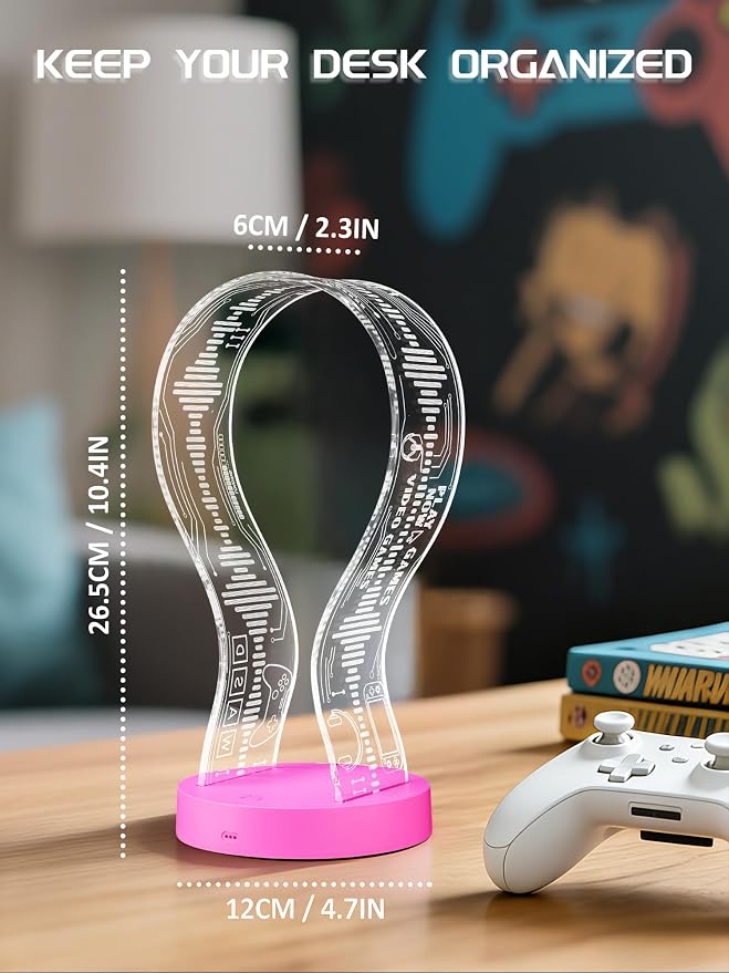 CoolGift Mart Light Up Headphone Stand with 16 Color Lights, Game Pattern Acrylic Headset Stand with 1 USB and 1 Type-C Charging Ports, Gifts for Girls Women Gamers and Music Lovers