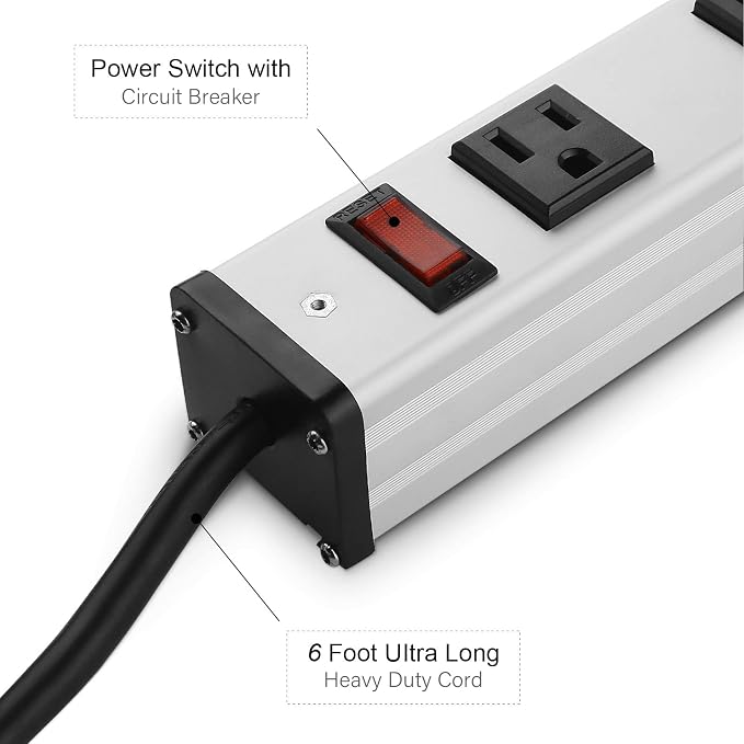 CCCEI Long Heavy Duty Metal Power Strip, 16 Outlet Large Industrial Multi Wide Strip for Garage Workshop, Extension Cord with Multiple Outlets, 15A, 125V, 1875W. 6 FT, Sliver.