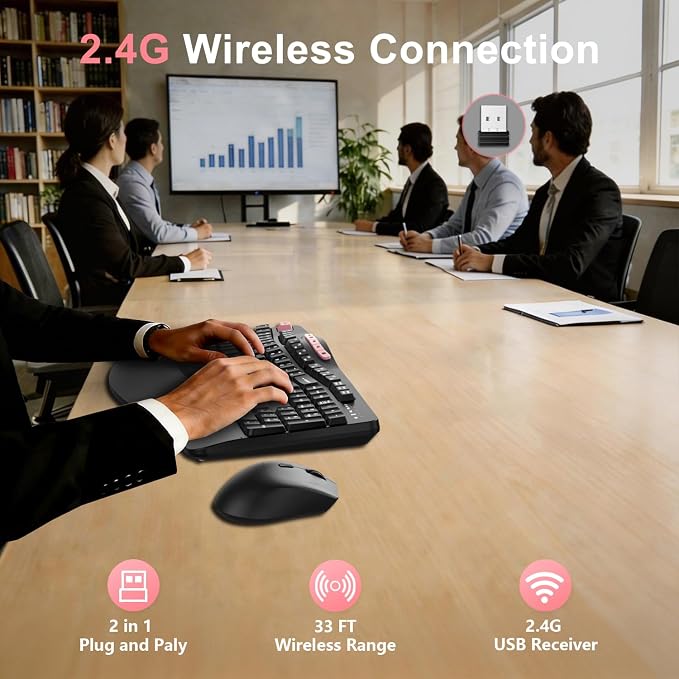 Wireless Keyboard and Mouse Combo, Ergonomic Keyboard with 6 Multimedia Keys, 2.4G Full Size Keyboard with Wrist Rest, 3-Level DPI Wireless Silent Mouse with 6-Buttons, for Windows (Pink)