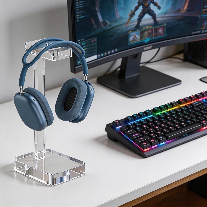 Clear Acrylic Headphone Stand for Desk, Solid One-Piece Headset Holder, Stable Non-Slip Base, Universal Headphone Hanger for Gaming Setup, Office Desk & Home Organization