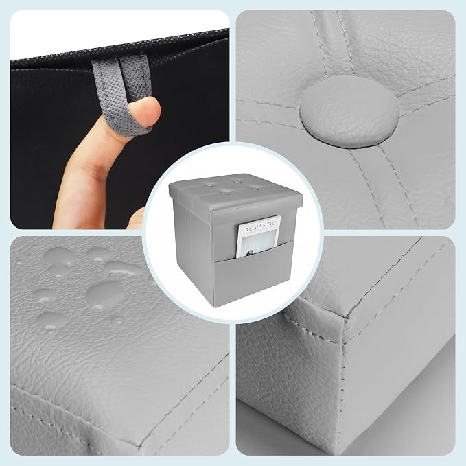 Bsketa Storage Ottoman Foot Rest Stool, Small Leather Storage Ottomans Bench, Folding Footstool with Side Pockets, Foot Rest Under Desk for Living Room Bedroom, 15x15x15 in, Grey