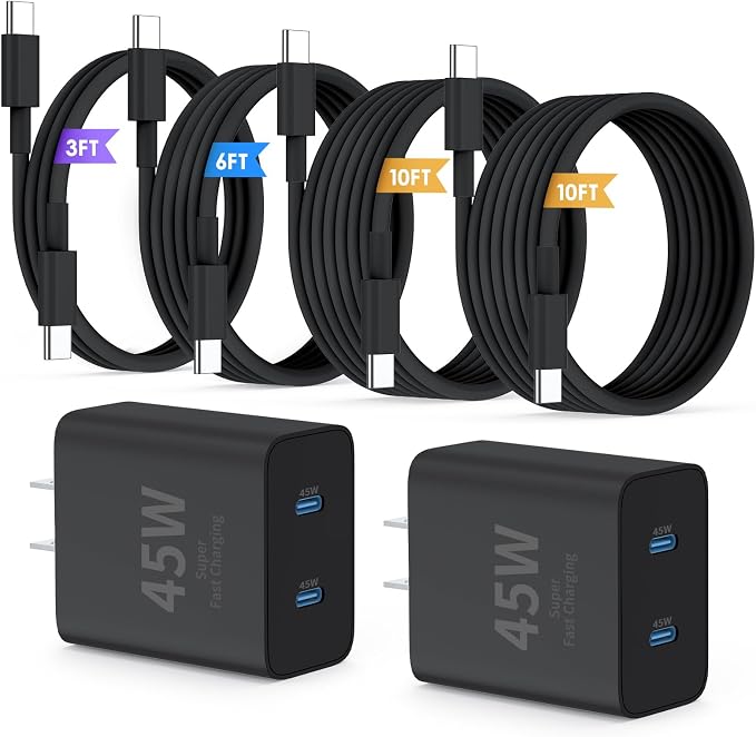 QZIIW Super Fast Samsung Charger Type C,45W Dual Port USB C Fast Charger Block [2-Pack] & Extra Long 60W 3/6/10/10FT USB C Cable - PD Quick Charging 3.0 For Samsung Galaxy S25 Ultra/S24+/S23 iPhone 16