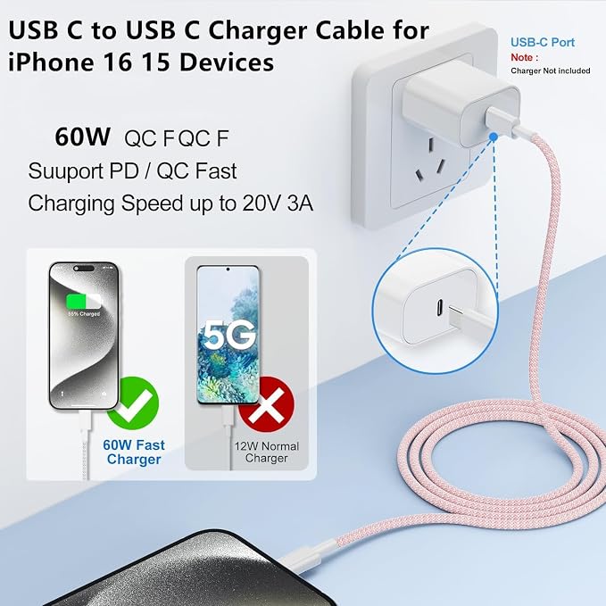 USB C to C Charger Cable 10ft, 60W Type C to C Fast Charging Cable Cord Long for Apple iPhone 17 Pro Max/17 Air/16 Pro Max/16 Pro/15 Plus/15 Pro Max/MacBook 2021/2020/2019,iPad Pro/Mini/Samsung Galaxy