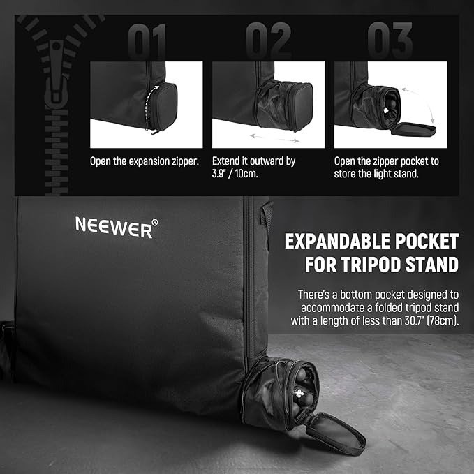 NEEWER 18" Ring Light Carrying Bag with Separate Storage Bag Expandable for 30.7"/78cm Folded Light Stand Tripod, 23.6"x22.8"/60x58cm Lightweight Nylon Protective Bag for Ring Light with Stand, RU-009