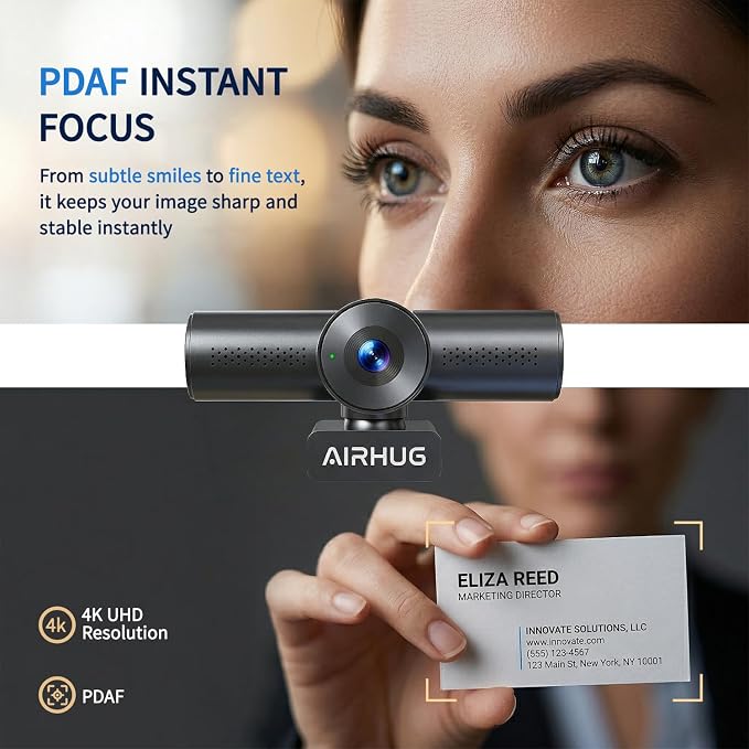 AIRHUG 4K 30fps Webcam - Sony 16MP Sensor, PDAF Autofocus, Auto Light Correction, Dual Omnidirectional Mics, 63° Focused View for Streaming Camera, Built-in Privacy Cover, Plug & Play for Windows/Mac