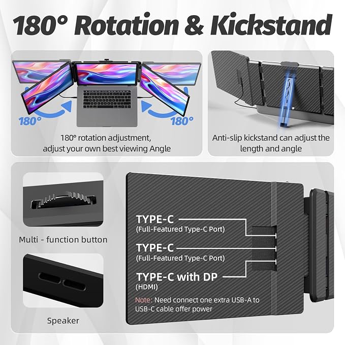 KOJOM 2K Laptop Screen Extender - 13" IPS 1440P Triple Screen Laptop Monitor Extender Plug & Play Multi Screen Attachment for 13"-17" Laptops Compatible with Wins Mac Dex Chrome Travel Gaming Work