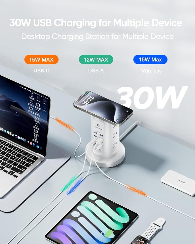 Kakyanill 30W USB Charging Station, Surge Protector Power Strip Tower, 9 AC Outlets with 8 USB Ports(4 USB-C), 6Ft Flat Plug Retractable Extension Cord, for Home Office Dorm, White