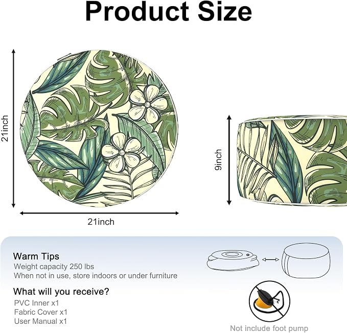 DYTXIII Inflatable Ottoman Stool D21 xH9 for Outdoor/Indoor Use, Water Repellent Patio Foot Rest with Portable Handle,Round Pouf Ottoman Suitable for Garden,Deck and Camping-Tropical Paradise