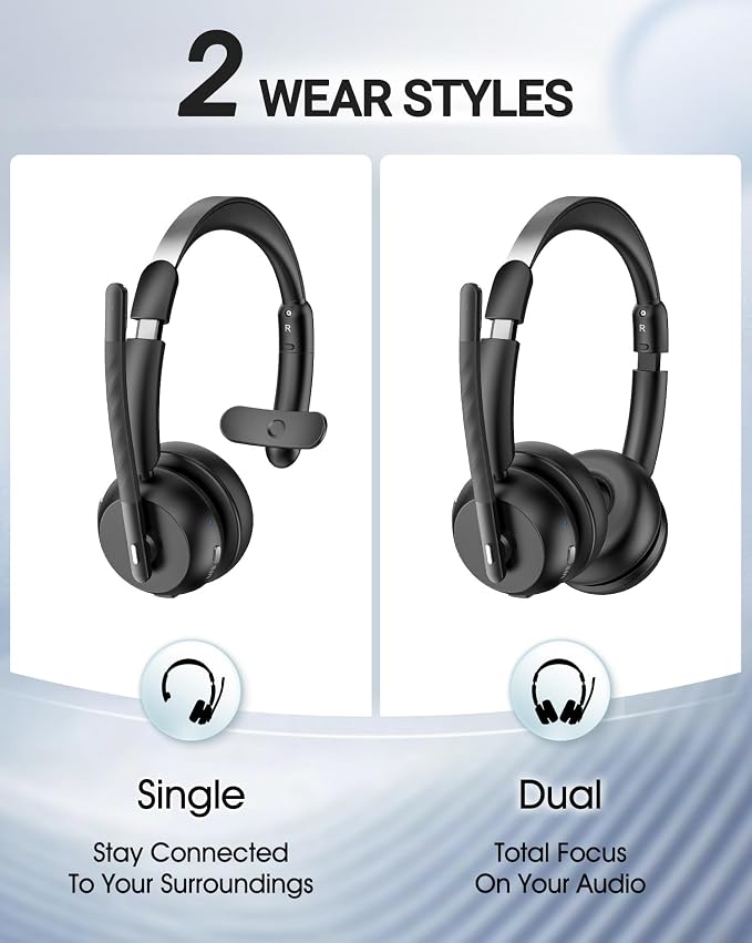 COSMUSIS Wireless Headset with Mic for Work, Bluetooth 5.3 Headsets with Microphone and Detachable Earpads, 50H Playtime with Charging Base, Noise Cancelling Headphones for Work with Mic Mute