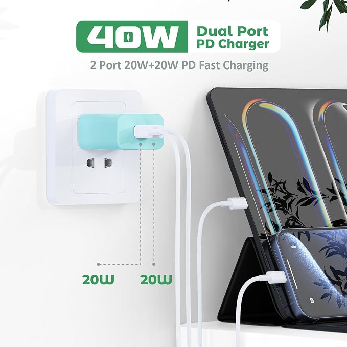 USB C Charger Block, 40W Dual Port Fast Charger 20W Type C Charging Block 3.1A USB Wall Charger Dual Port PD+QC Charging Cube for iPhone 15 16 14 13 12 11 Pro Max XS, iPad, Samsung Phone-Green