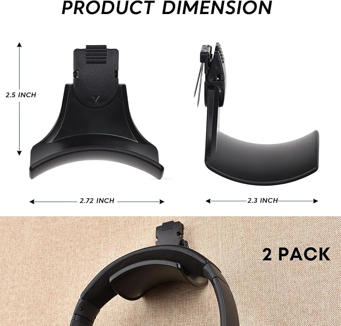 Fabric Wall Headphone Stand for Office, Cubicle Headphone Holder for Work Decor, Space-Saving Hanger Cubicle Accessories for Women Men Desk Organizer, Black (2 Pack)