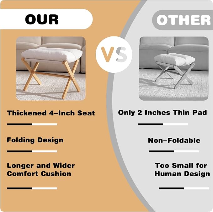 Baveke Ottoman Foot Rest- Bamboo Foldable Stool, Foot Stools Small Ottman with Upholstered & X Legs, Folding Stool for Makeup, Bedroom and Living Room (Large Beige)