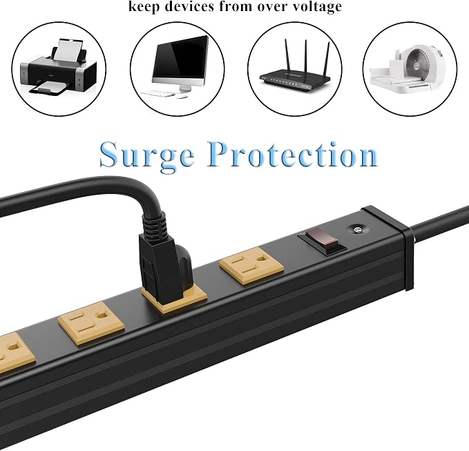 Oviitech 12 Outlets Heavy Duty Metal Socket Power Strip, 6-Foot Long Extension Cord with Circuit Breaker. Mounting Brackets Included,Workshop/Industrial use, ETL Certified，Yellow