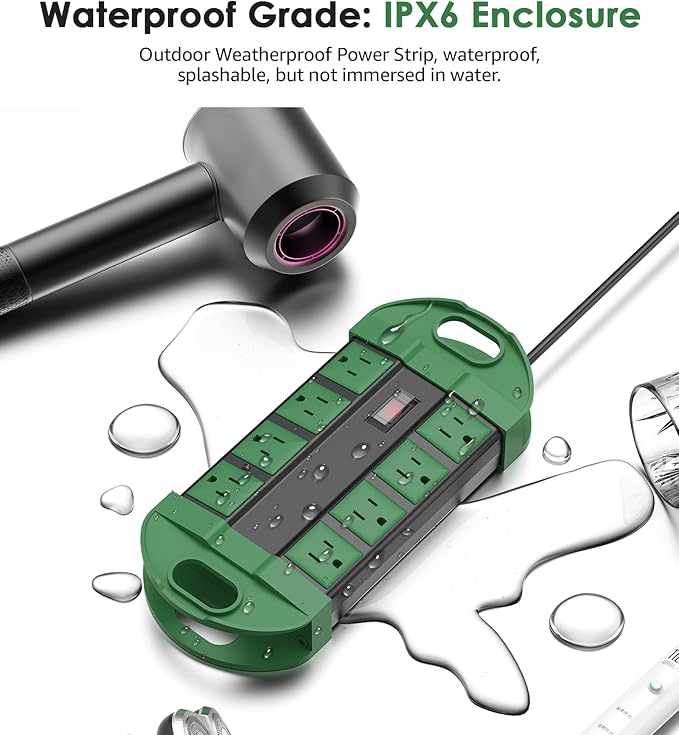 CCCEI 2 Outdoor Power Strips Weatherproof with 8 Plug, Waterproof Extension Cord with Multiple Outlets, Christmas Exterior Garden Yard Surge Protector 6FT, Green.