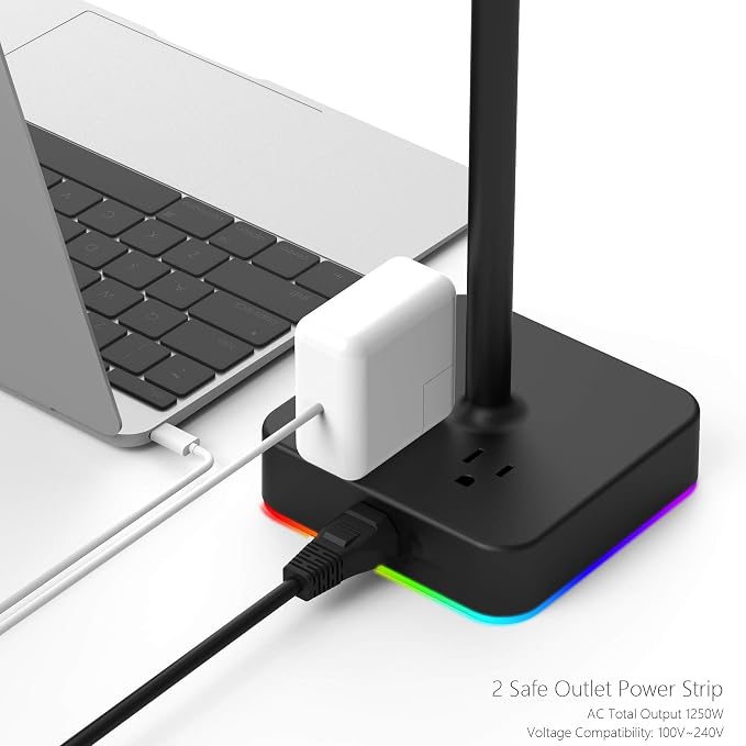 KAFRI RGB Dual Headphone Stand with USB C Charger Desk Gaming Double Headset Holder Hanger Rack with 3 USB Charging Port and 2 Outlet - Suitable for Gamer Desktop Table Game Earphone Accessories Gift