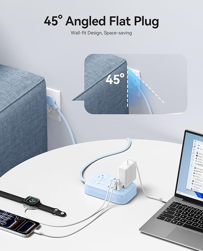 ORICO Surge Protector Power Strip, PD20W Multiple Outlets Extension Cord with 6 AC Outlets and 4 USB Charging Ports (2 USB-C), 45° Flat Plug, 10 Ft Mountable Outlet Extender for Home/Office/Dorm - OG