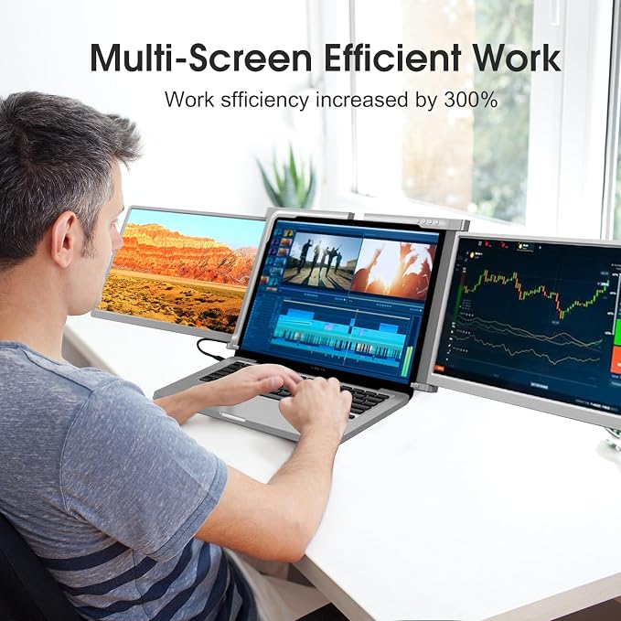 moonka Portable Triple Monitor for Laptop,1080p 14-Inch FHD IPS Screen,[Only 1 Cable Connect Dual Displays],Dual Portable Monitor Extender with Stand,USB-A/Type-C Plug,Play for Windows&Mac (13"-17")