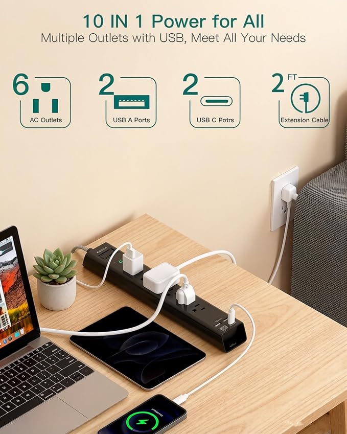 Addtam 2 FT Power Strip Surge Protector with USB C, Flat Plug Extension Cord, 6 AC Outlets 4 USB Ports (2 USB C), 1875W/15A Multi Plug Outlet Extender for Home Office Dorm Room Essentials