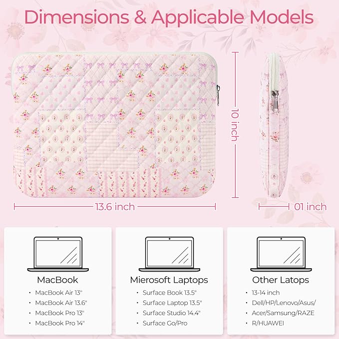 13-14 inch Cotton Quilted Laptop Sleeve for Women, Aesthetic Puffy Laptop Case Carrying Bag Compatible with MacBook Air/Pro 13/Pro 14, Soft Computer Liner Bag (Purple Patchwork, 13.3 inch)