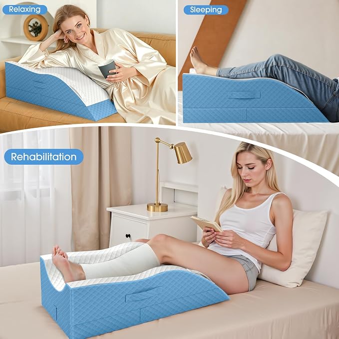 TranquilRelax Elevation Pillows for Leg After Surgery, Memory Foam Adjustable Wedge Pillow for Injury or Rest, Ankle Pillow for Sleeping Blood Circulation Light Blue/Double Leg