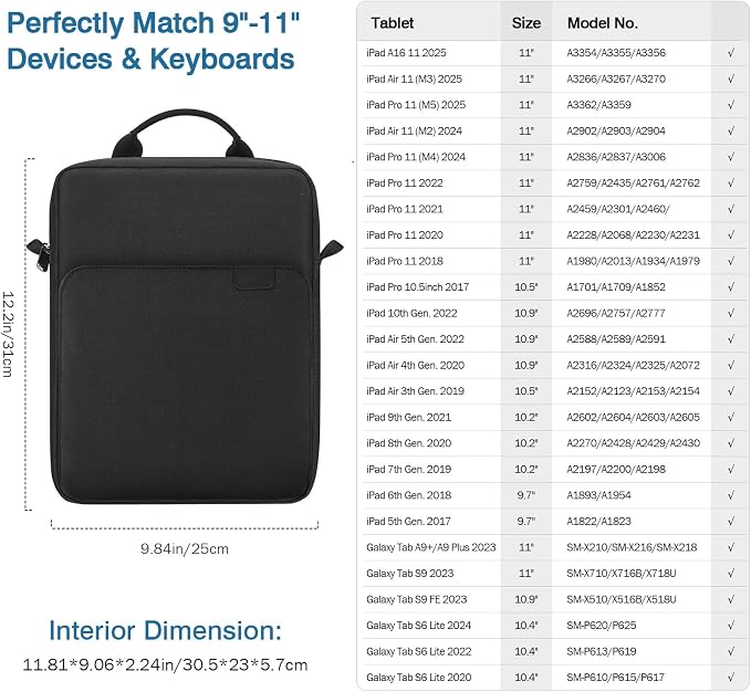 MoKo 9-11 Inch Tablet Sleeve Bag Handle Carrying Case with Shoulder Strap Fits New 11-inch iPad Pro M5/iPadAir M3, i-Pad 10 10.9, iPad 9/8/7th 10.2, i-Pad Air 5/4th 10.9, Tab S8/S9 11, Black