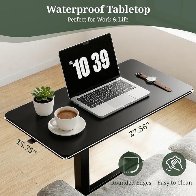 Mobile Standing Desk, Adjustable Height Desk with Hidden Casters, Portable Laptop Computer Table with Rolling Wheels, for Sit Stand Workstation, Compact and Sturdy for Home, Office, Dorm, Black