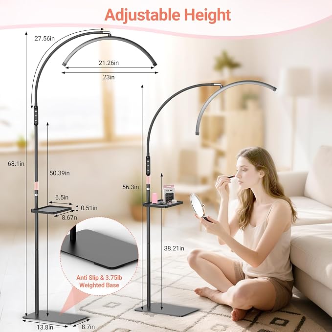 LIONVISON Half Moon Lash Light: 6500K LED Lamp Ring Light with Tray - 360° Flexible Gooseneck Durable Metal Stand - Salon Use for Lash Artists Eyelash Extensions (23In Black)
