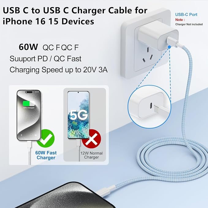 USB C to C Charger Cable 10ft, 60W Type C to C Fast Charging Cable Cord Long for Apple iPhone 17 Pro Max/17 Air/16 Pro Max/16 Pro/15 Plus/15 Pro Max/MacBook 2021/2020/2019,iPad Pro/Mini/Samsung Galaxy