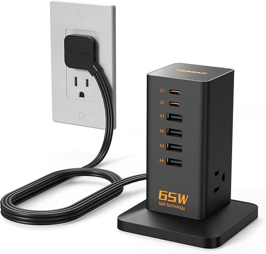 Charging Station for Multiple Devices, TESSAN 9-in-1 USB C Power Strip for iPhone 17/16/15, MacBook, Tablet, Desktop Phone Fast Charger with 3 AC, USB Charger, Home Drom Office Accessories, Black-65W