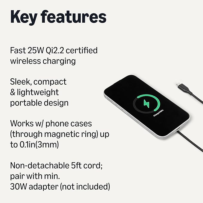 Amazon Basics 25W Qi2.2 Certified Wireless Charging Pad, MagSafe Compatible for iPhone 17/16/15/14/13/12, Magnetic Compatible for Android, Google Smartphones, Black (Adapter Not Included)