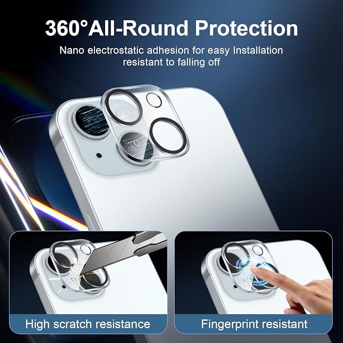 NEW'C 3x for iPhone 15 Screen Protector (6.1 inches)+ 3x Camera Lens Protector, Sensor Protection, Case Friendly Tempered Glass Film + Dust Plug- Easy installation tool include