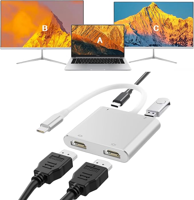 USB C to Dual HDTV Adapter,Silver 4K@60Hz with 100W PD, USB-A, Support C to 2 HD Splitter Extended Display for Type C Devices (MST is not Supported on MacOS)