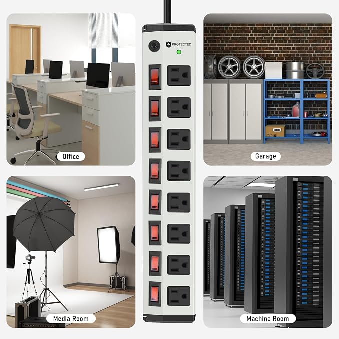 8 Outlet Metal Power Strip with Individual Switches,Heavy Duty Appliance Power Strip with Flat Plug,1200J Surge Protector,6FT Extension Cord 15A 120V 1800W for Home Office School Shop Industrial