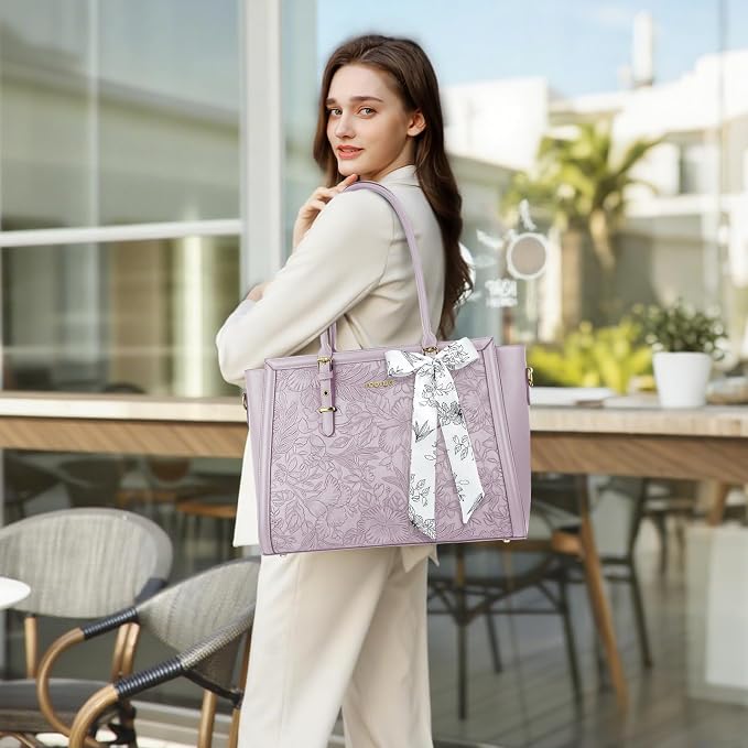 MOSISO Laptop Bag for Women, 17-17.3 inch PU Leather Tote Bag Compatible with MacBook, HP, Dell, Asus Notebook, Front Embossed Retro Hibiscus Computer Bags with Silk Scarf&Clutch Purse, Dusty Lilac