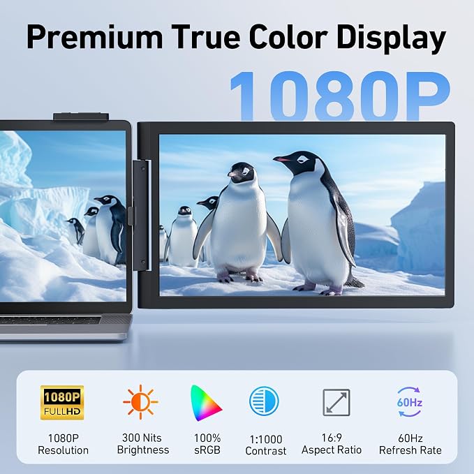 Laptop Screen Extender, 14’’ FHD 1080P Triple Portable Monitor for Laptop with Ultra-Slim IPS Display, USB-C Plug and Play Multi Screen Attachment for 14"-15.6" Laptops