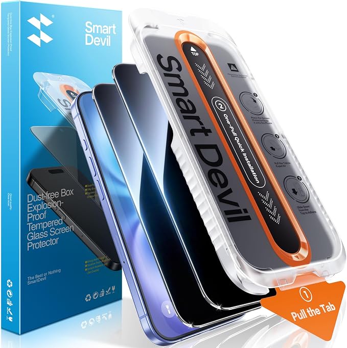 SMARTDEVIL 2 Pack Privacy Screen Protector for iPhone 16/ iPhone 15, Anti-Spy Tempered Glass Film, 9H Hardness Military Grade Shatterproof, Easy to Install, Auto Bubble-Free and Dust-Free Box