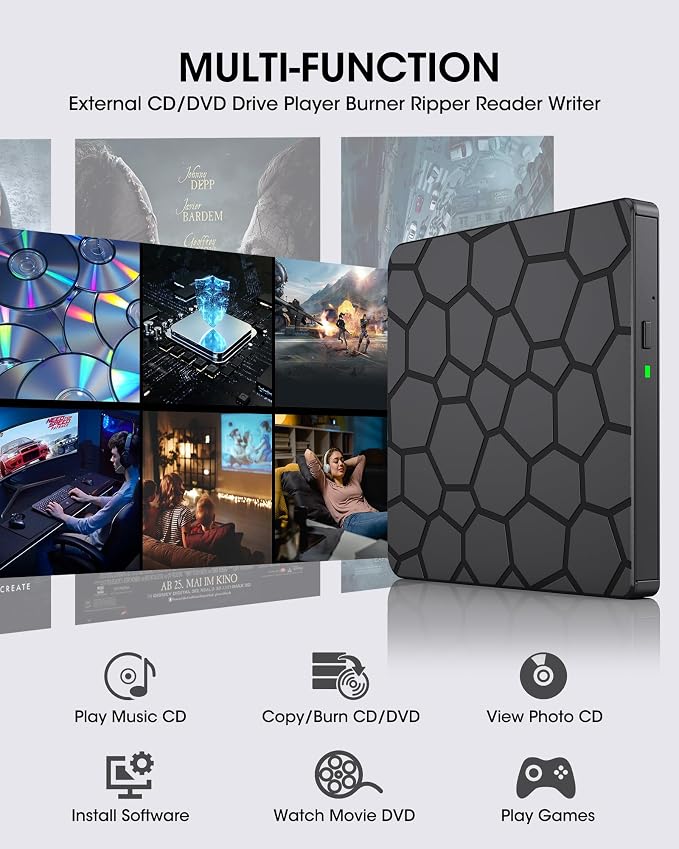 ROOFULL External CD DVD Drive for Laptop, USB 3.0 & USB-C Portable CD/DVD-RW Disc Drive Reader Burner Writer Player for Windows 11/10/8/7 Laptop Mac MacBook Linux PC, RF868