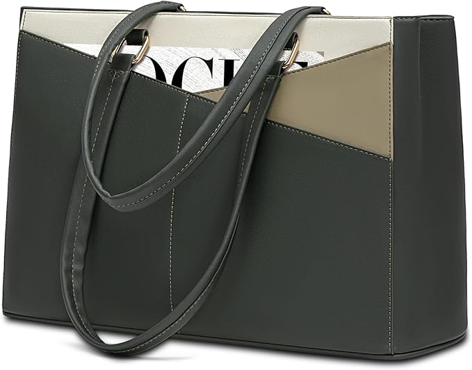 LOVEVOOK Laptop Bag for Women, 15.6 inch Laptop Tote Work Teacher Bags Cancas Computer Shoulder Bag,Dark Green/Olive green/Off white
