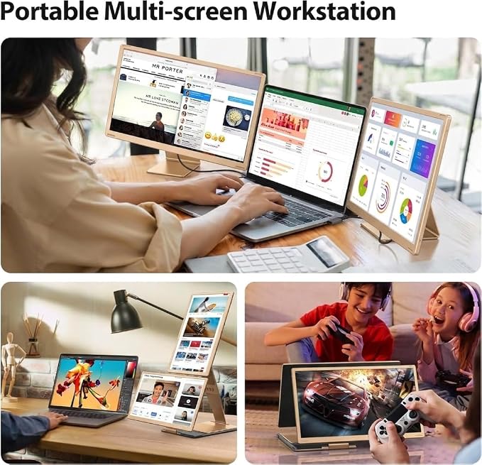 APILDELLA 15.6’’ Triple Laptop Screen Extender Monitor Portable, DIY 1080P FHD Portable Dual Monitor with USB C HDMI, Plug-Play 360° Rotation Detachable Tri-Screen for Mac/Wins/Android/Dex