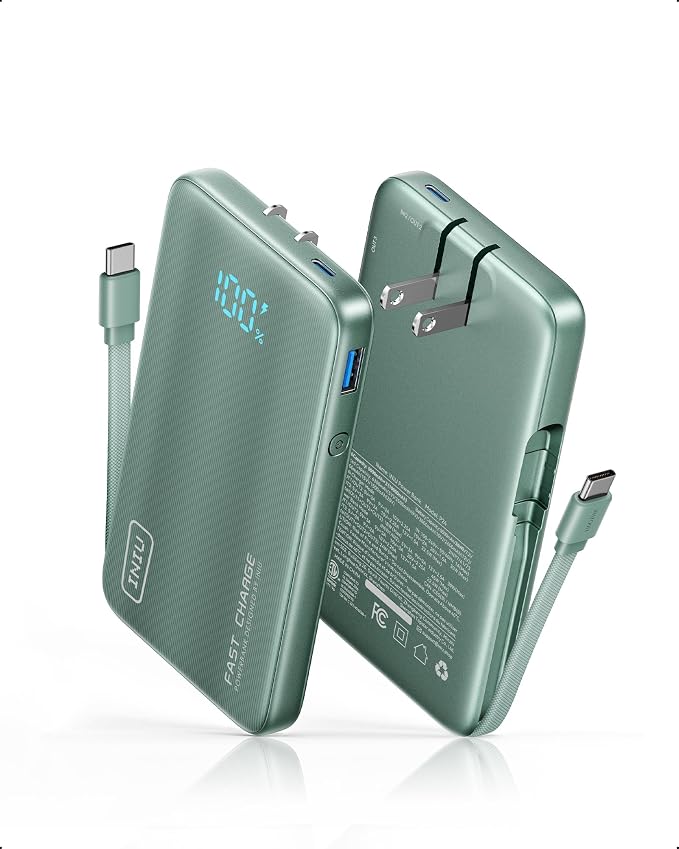 INIU Portable Charger, Ultra Small 45W Fast Charging Power Bank with Built-in AC Wall Plug, 10000mAh GaN 3-in-1 Battery Pack for Flight-Safe Travel, for iPhone 17 16, Samsung S26, iPad etc, Green