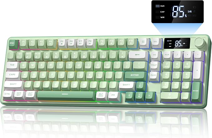 Keymatic Gaming Keyboard Wireless Creamy Keyboard with Media Knob & Screen Cute Keyboard Mechanical Feeling Membrane Keyboard with Number Pad RGB Backlit Tri-Mode BT/2.4GHz/USB-C - Green