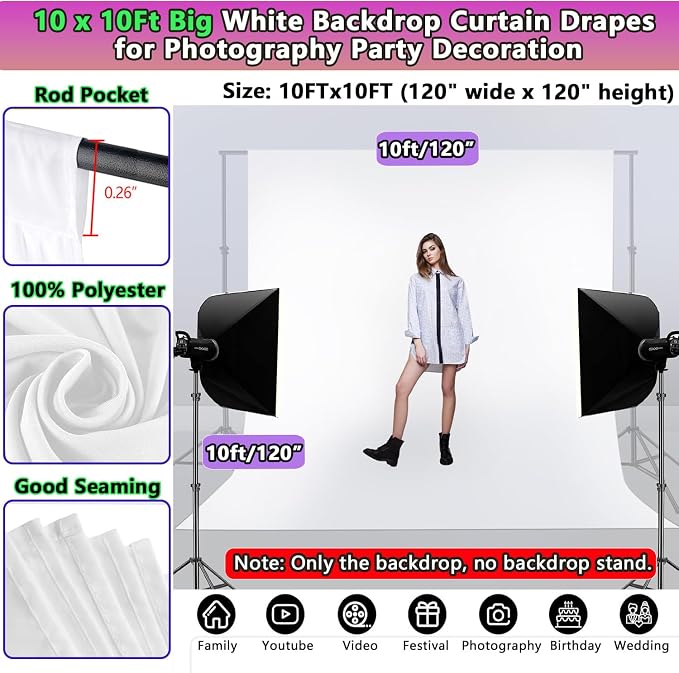 Photo Backdrop White 10 x 10ft, White Backdrop for Photoshoot, Solid White Photography Backdrop Background, Seamless Photo Backdrop Curtain for Wedding Baby Shower Picture Photobooth Portrait Backdrop