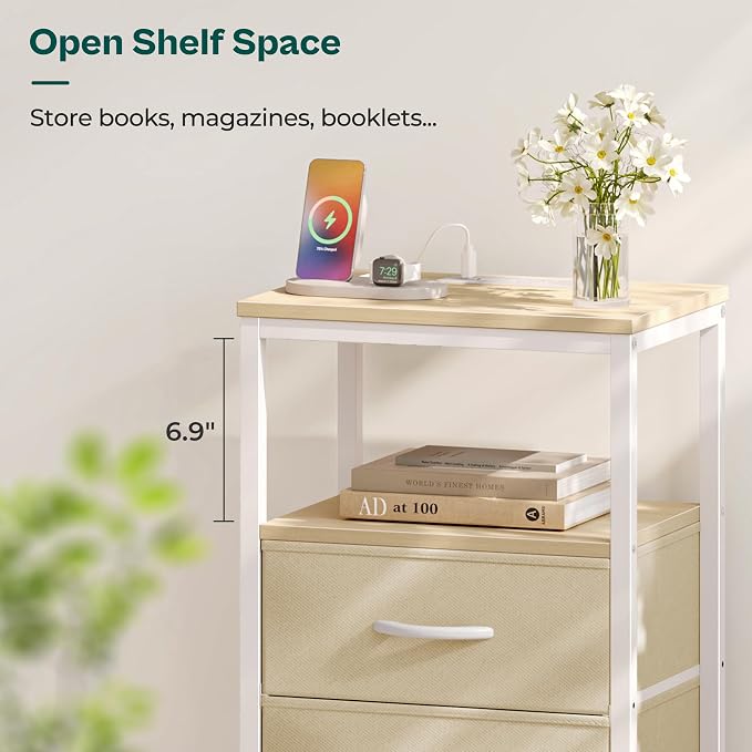 Huuger Nightstand with Charging Station, Side Table with Fabric Drawers, End Table with Open Shelf, Bedside Table with USB Ports and Outlets, Night Stand for Bedroom, White Marple