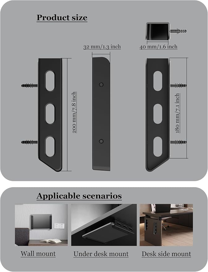 Universal Laptop Wall Mount or Under Desk Mount Holder, Fit for MacBook, Keyboard, Surface, Router, Modems and More Small Devices Up to 40mm/1.57in Thick, Fixed by Screw or Adhesive (Black)
