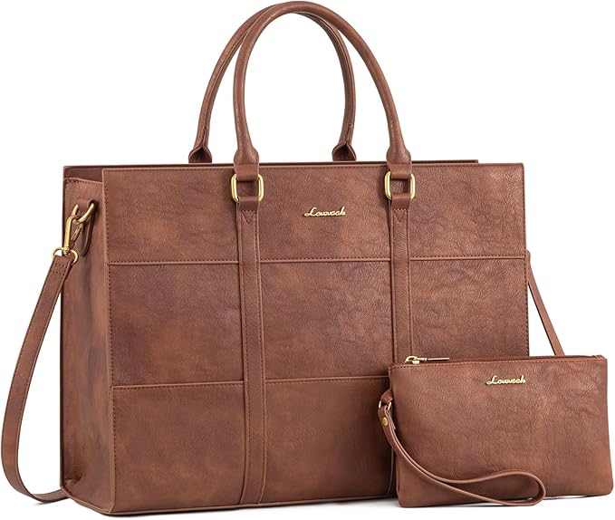 LOVEVOOK Laptop Bag for Women, 15.6 Inch Laptop Tote Bag, Vintage Leather Work Bags for Women, Waterproof Computer bag with Clutch Purse, Large Capacity Briefcase, Business Office Bag | Two-piece set