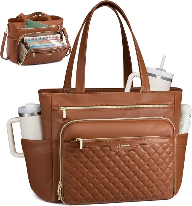 LOVEVOOK Teacher Tote Bag with Accordion File Pocket, Soft PU Leather Work Briefcase Quilted Laptop Bag with Large Cup Holder