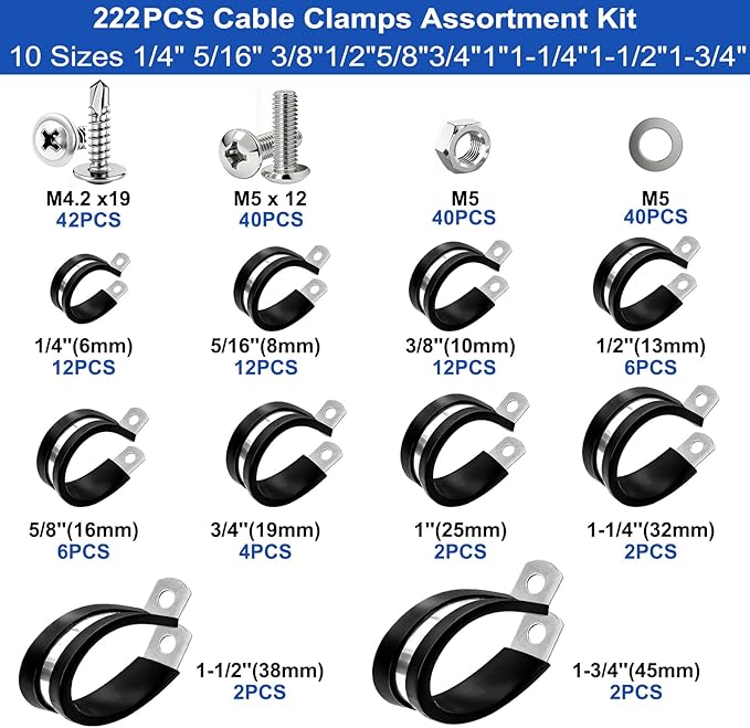 Taiss 222PCS Cable Clamps Assortment Kit 304 Stainless Steel Rubber Cushion Pipe Clamps 10 Sizes 1/4" 5/16" 3/8" 1/2" 5/8" 3/4" 1" 1-1/4" 1-1/2" 1-3/4" Metal Wire Clamps (with Two Kinds of Screws)