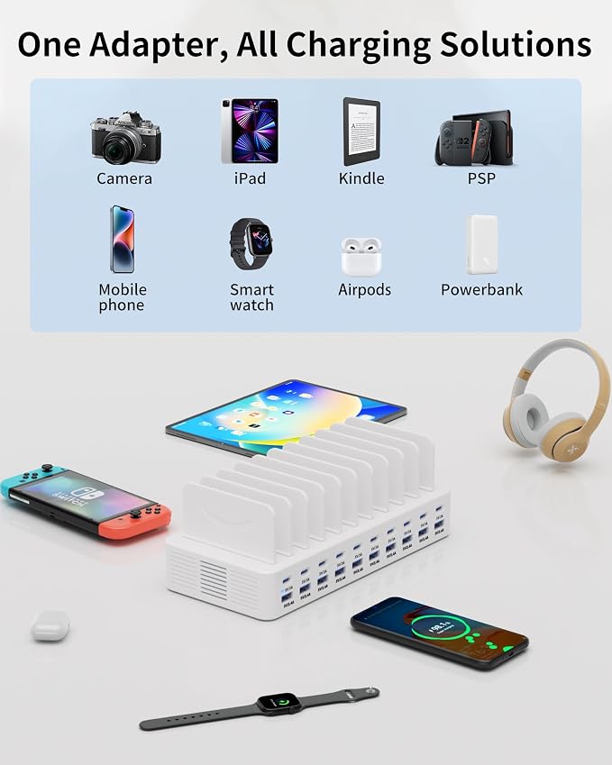 270W Charging Station for Multiple Devices, 20-Port USB Fast Charging Station with Adjustable Dividers & 10 Cables, Multi Device Organizer Charging Dock for iPhone, iPad, Tablets & More(White)